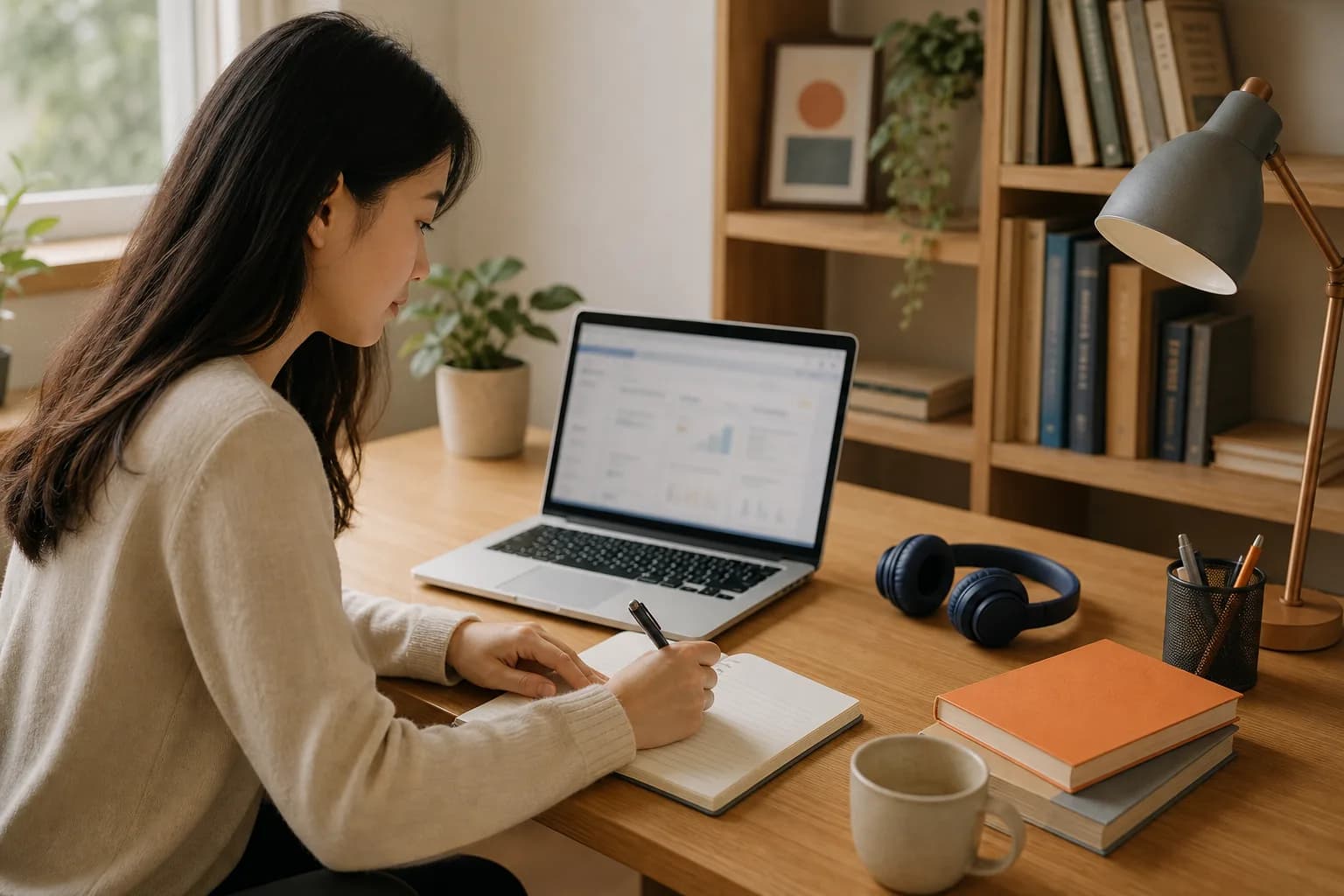 Người học tập trung tự học với laptop và sổ tay.